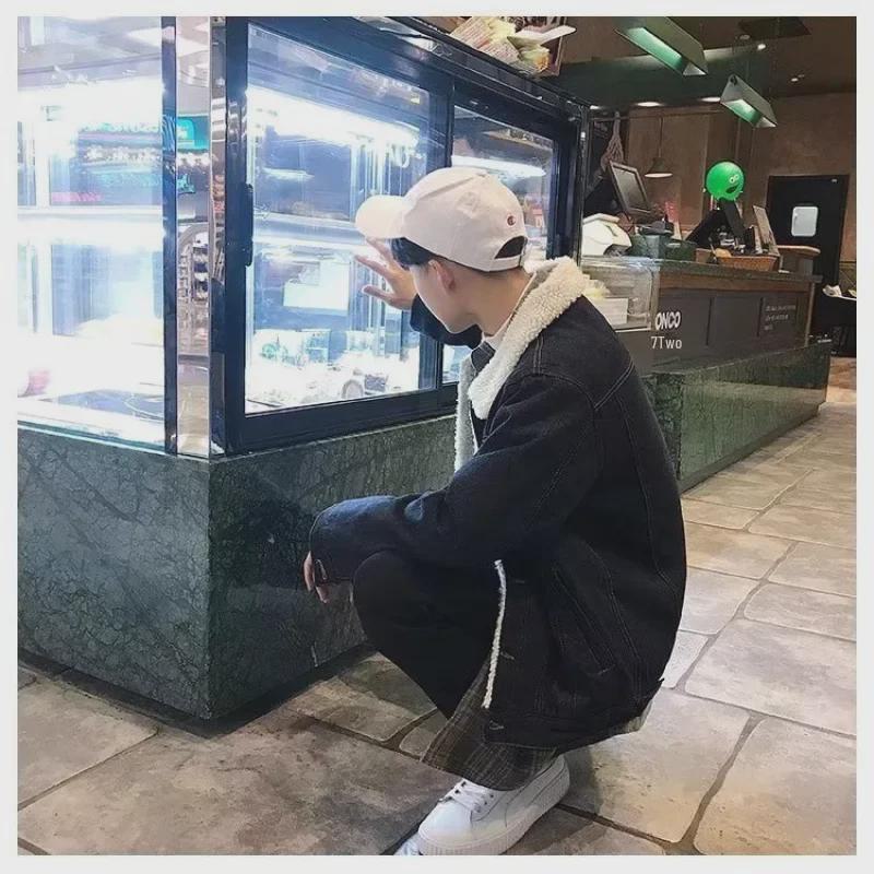 Men's Plush Thickened Denim Jacket - Warm and Casual Cotton Coat for Autumn and Winter