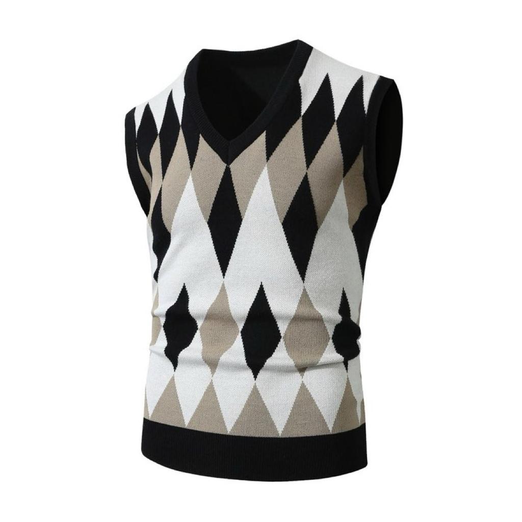 Men's Fashion V-Neck Sleeveless Knitted Vests Sweater Patchwork Color Casual Lined Vest Men's Tops
