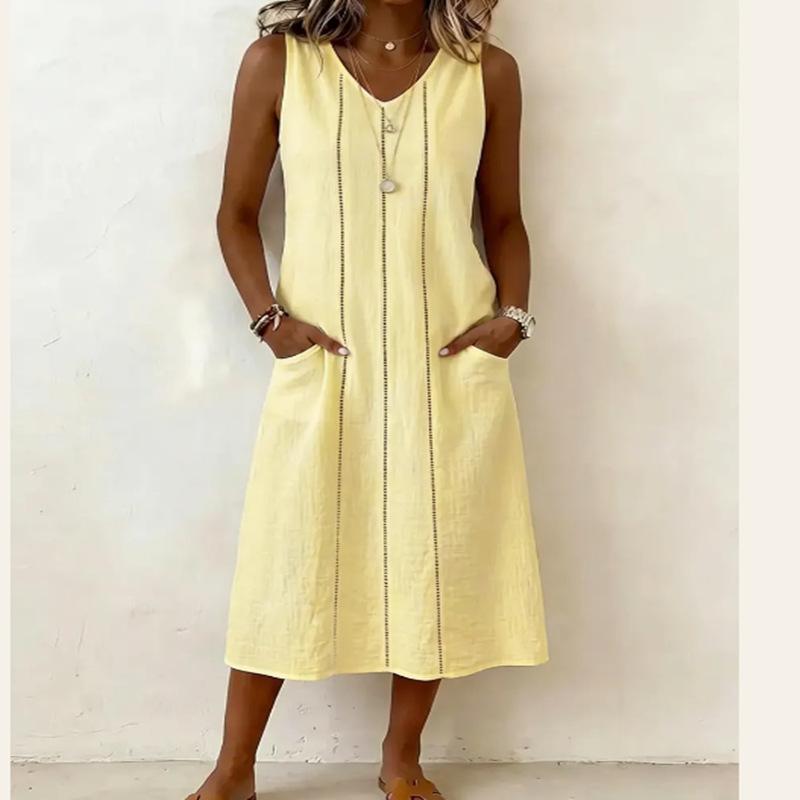 European and American women's clothing summer new V-neck sleeveless lace pocket cotton and linen dress