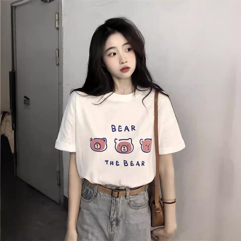 Women's Casual Short Sleeve T-Shirt Cute Cartoon Bear Print Loose Crew Neck Summer Basic Tee Top
