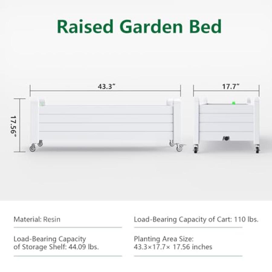 Raised Garden Bed with Wheels Outdoor Resin Weatherproof Planter Box with Drain Hole and Water Level Detector for Planting Plan