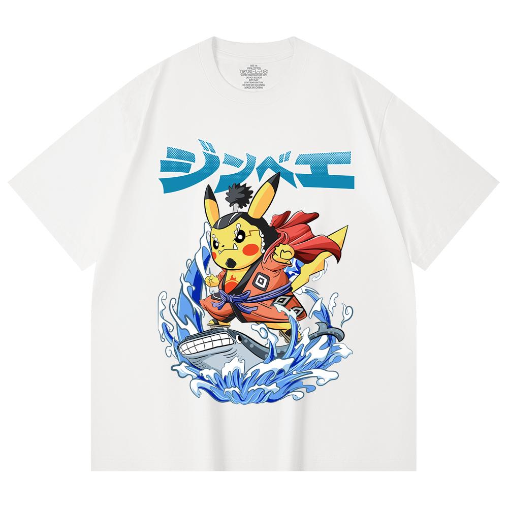 230 Gsm 100% Cotton Pokemon V11 Jimbei Pikachu Print Unisex Heavy Cotton T Shirt
