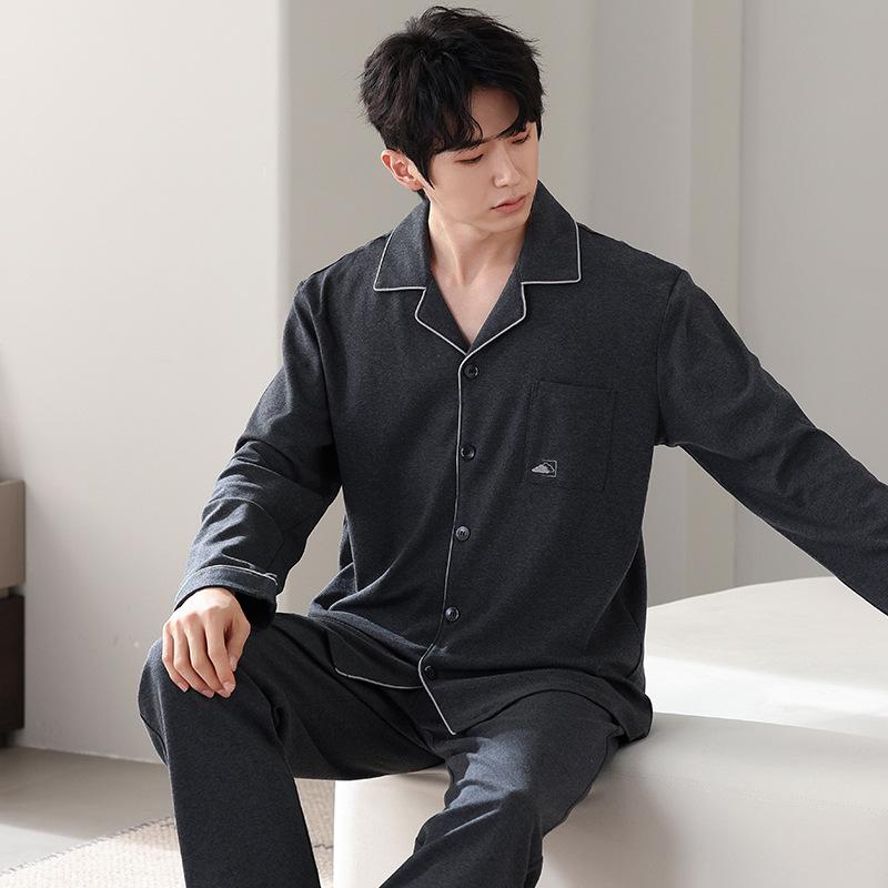 Pajamas Men'S Spring And Autumn Cotton Long Sleeve Men'S Autumn Cotton Cardigan Large Size Loungewear Set