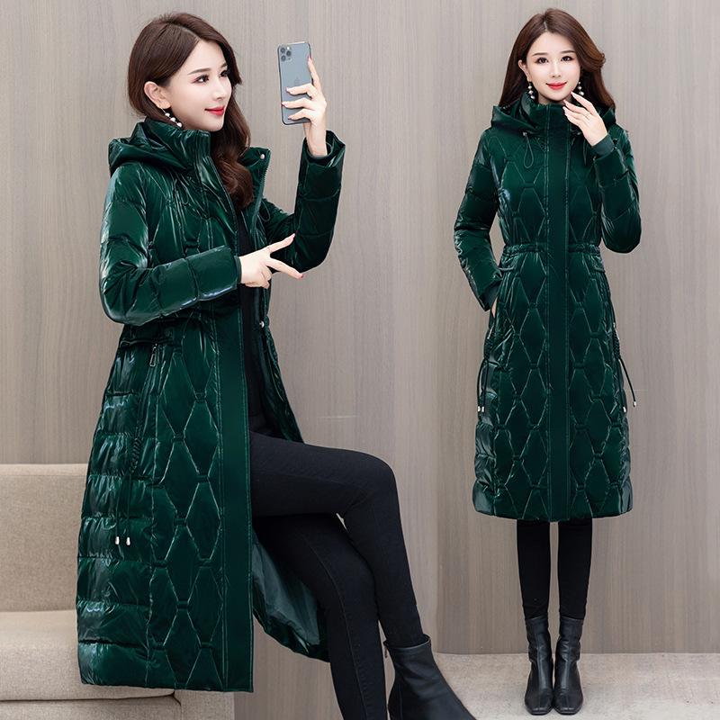 knee-length glossy padded jacket women's hooded windproof padded clothing, drawstring waist slim fit, not bloated middle-aged and elderly women's clo