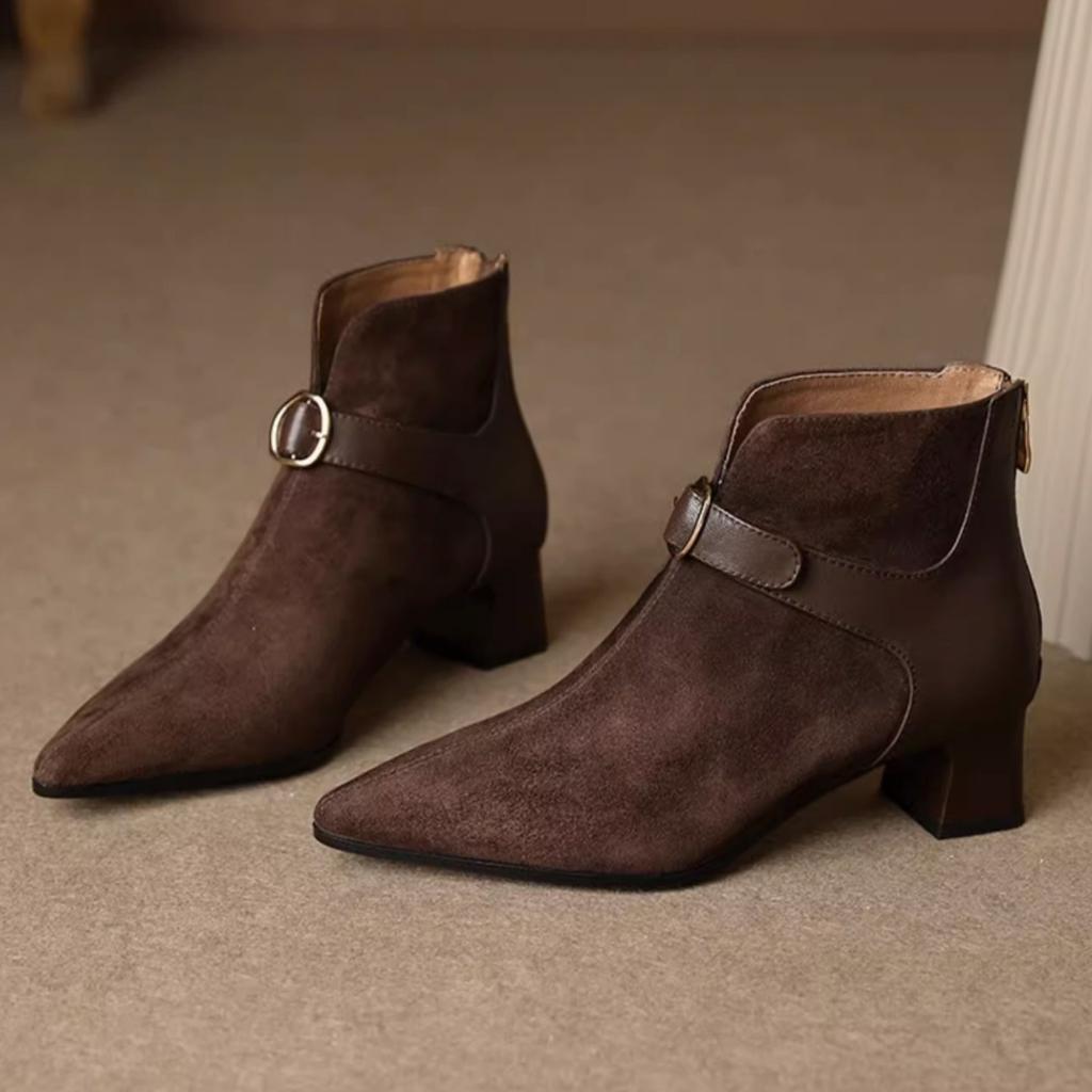 Pointed thick heel Martin boots women's autumn large size suede belt buckle medium heel short boots