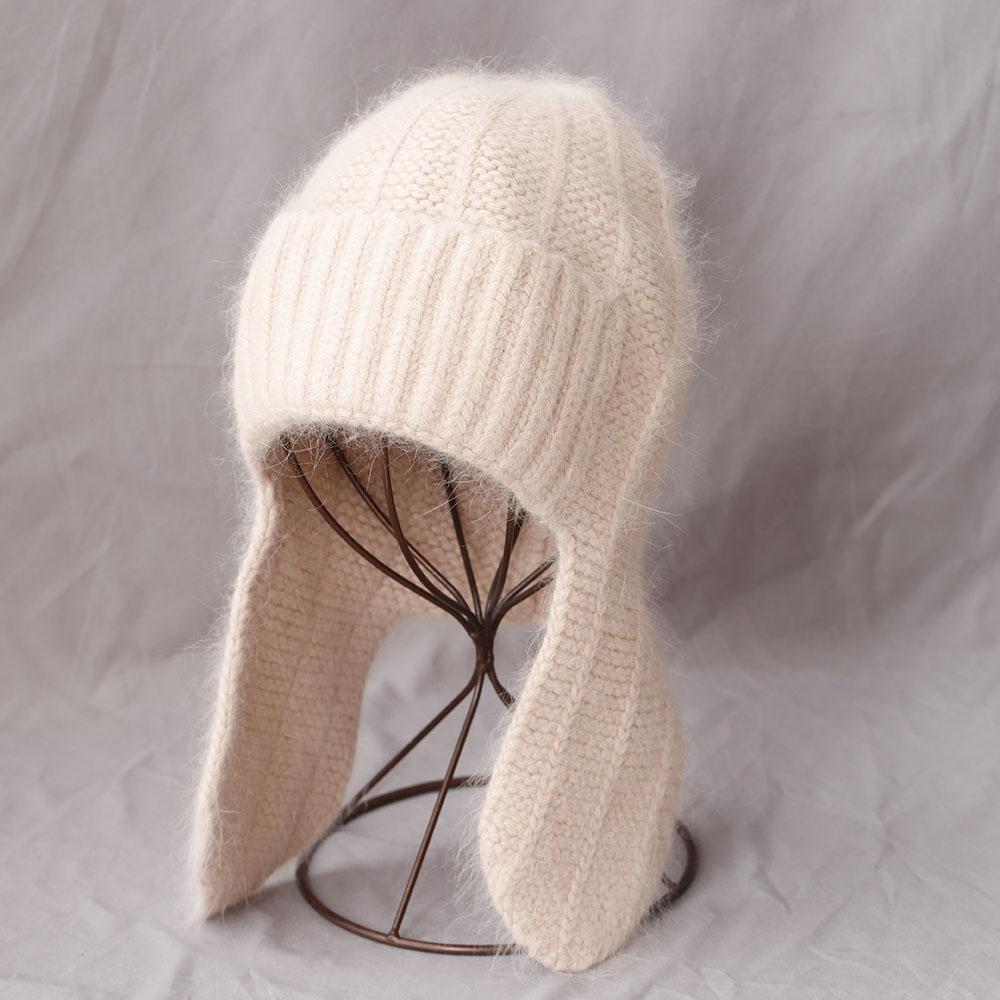 Fashion Women Winter Rabbit Fur Warm Hat Fur Ear Flap Cap Angora Knitted Hat Skullies Beanies Female Bonnet Woman Knit Cap