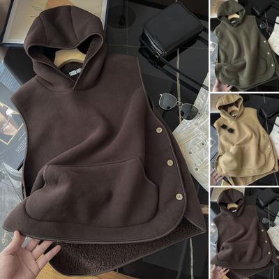 Women Fall Winter Vest with Hooded Side Button Closure Fleece Thermal Isolation Solid Color