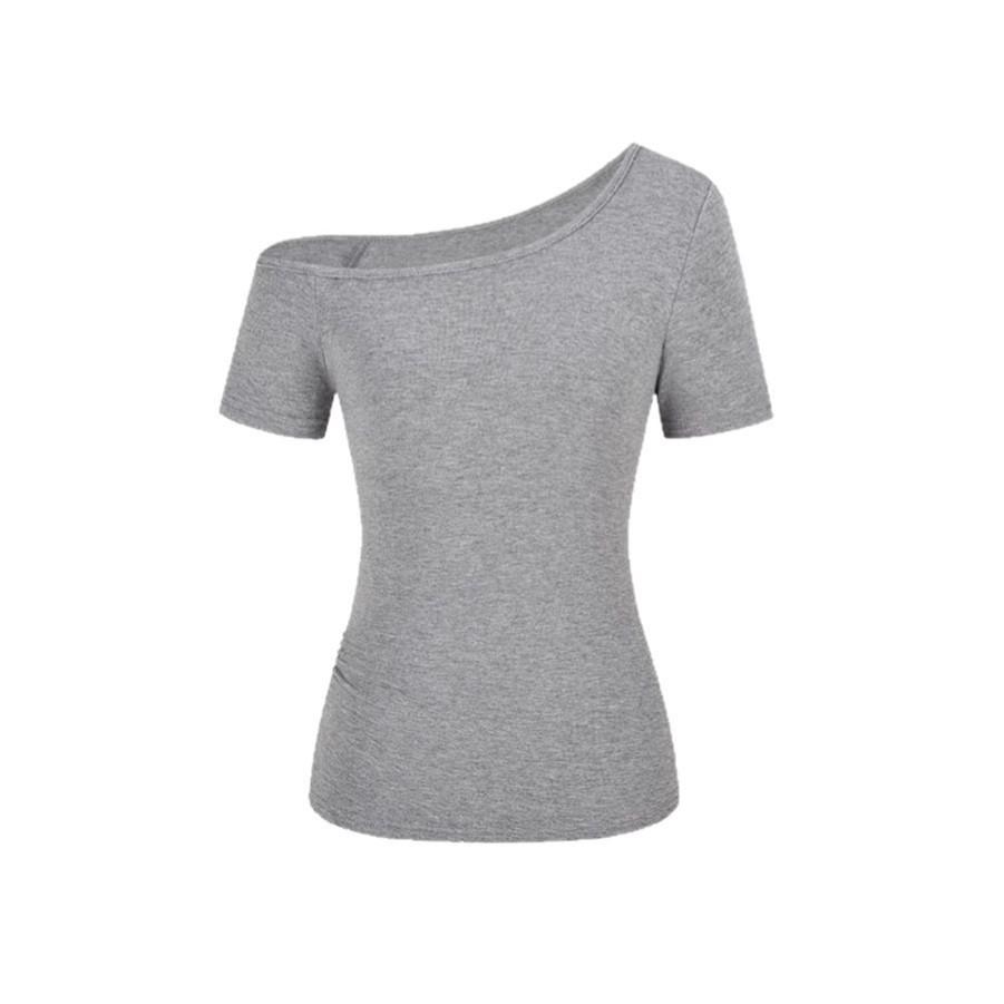 Spring 2025 Off-Shoulder Slim Fit Women's T-Shirt - Solid Color, Short-Sleeve Pullover