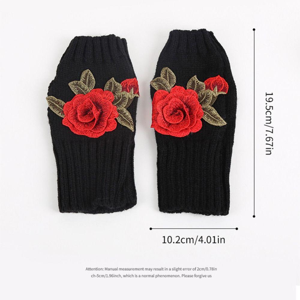 Gift Vintage Embroidery Knitted Gloves Half Finger Floral Fingerless Gloves Waterproof Warm Crochet Flower Mittens Outdoor