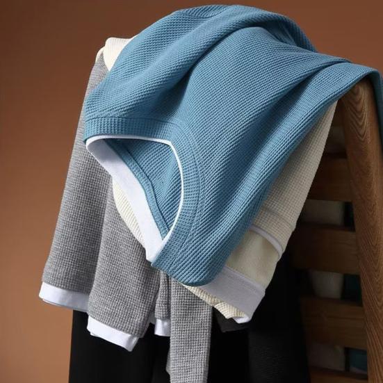 Men O-Neck Waffle Sweatshirt Fake Two-Piece Long Sleeve T-shirt Casual Loose Pullover for Spring Autumn Daily Wear Street