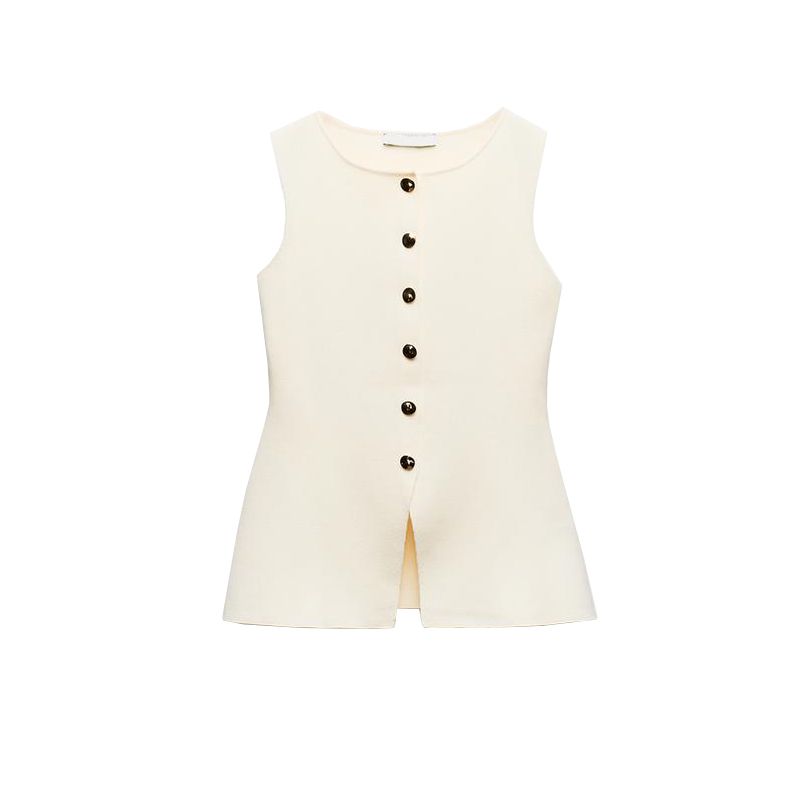 Spring New Arrival Knitting Sleeveless Tops Fashion Casual Round Neck Golden Button Plain Stitch Vest 4192100