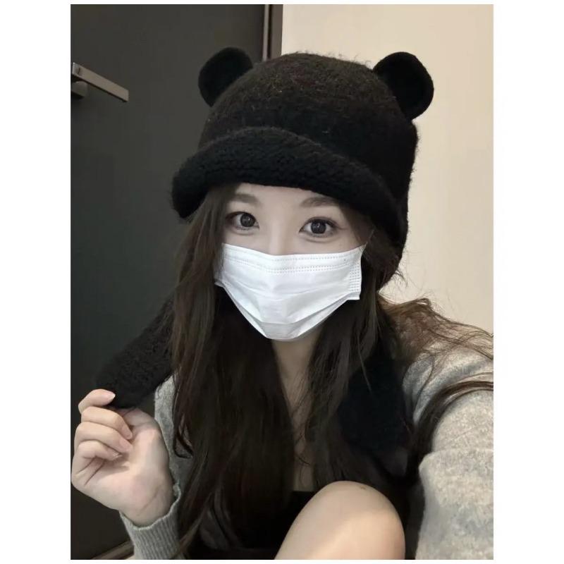 

Новая вязаная шапка с мишкой, модный ленивый стиль, милые медвежьи ушки, универсальная шерстяная защита ушей, головной убор, осенне-зимняя шапка для женщин Elastic [54-60cm]