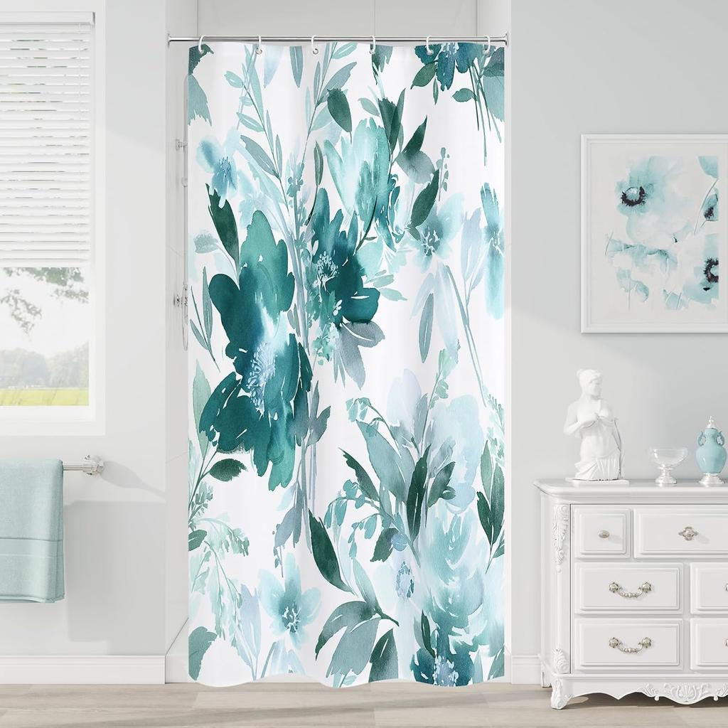 Blue Watercolor Floral Shower Curtain, Botanical Plant Leaves Design, Waterproof Fabric Set With Hooks