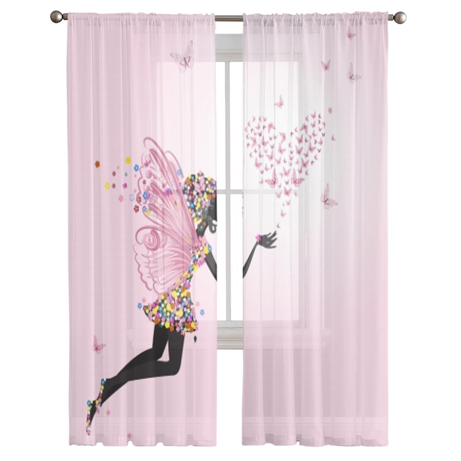 

Мультяшная бабочка, фея, розовые, белые тюлевые шторы для гостиной, спальни, шифоновая прозрачная вуаль, кухонная оконная занавеска W50H130(CM)x2pcs&Grommet Top