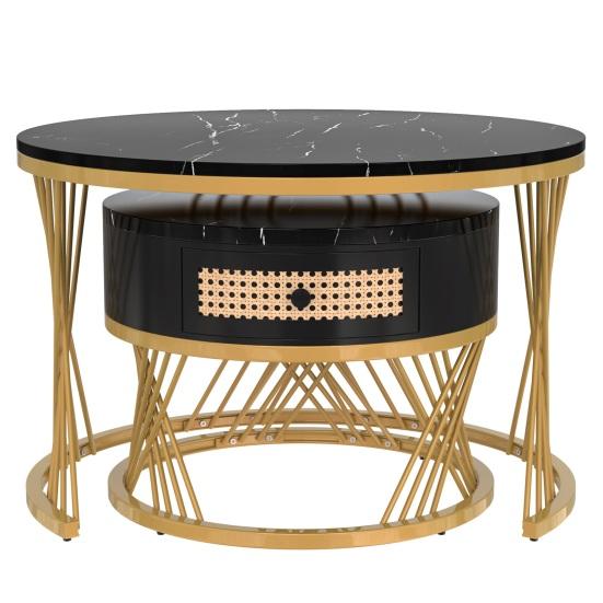 End Table 2 In 1 Round Coffee Made of MDF Side with A Marble Tabletop and Plastic Rattan Sofa Drawers Solid Wood Handles Gold-Colored Iron Legs. 70