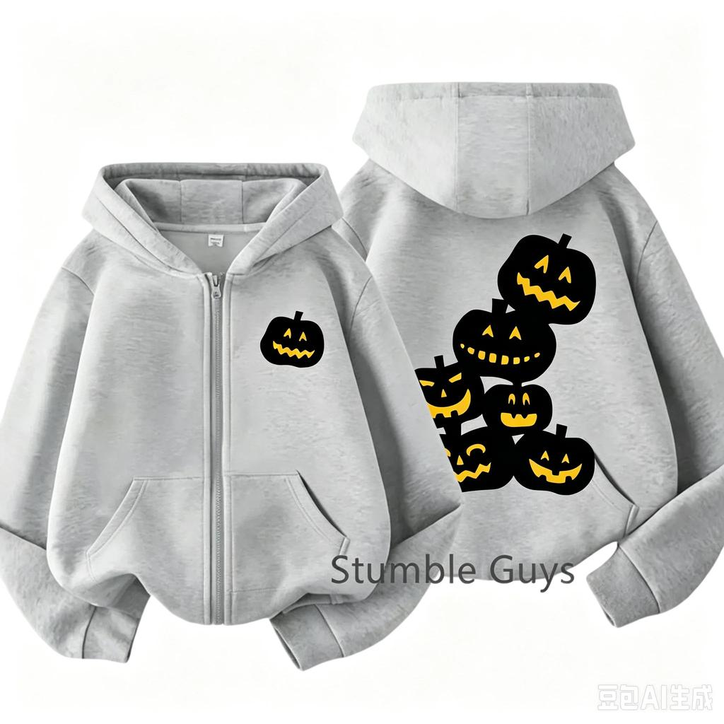Kids Zip Up Hoodie Stumble Guys Halloween Pumpkin Print Long Sleeve Hooded Jacket Boys Girls Autumn Casual Outerwear With Pocket