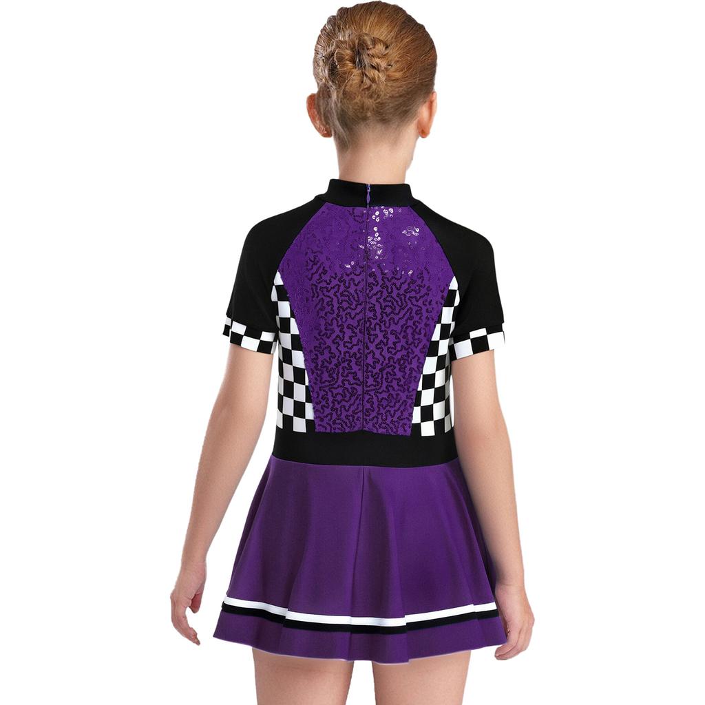 Girls Checkerboard Shiny Sequins Race Dress Mock Neck Short Sleeve Back Invisible Zipper with Built-in Briefs for Halloween Theme Party