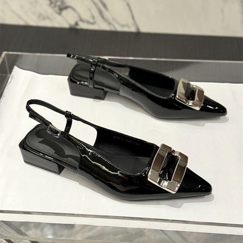 

Xiaoxiangfeng metal square buckle bag head sandals summer versatile college style thick heel pointed one-word buckle shoes 40 чорний