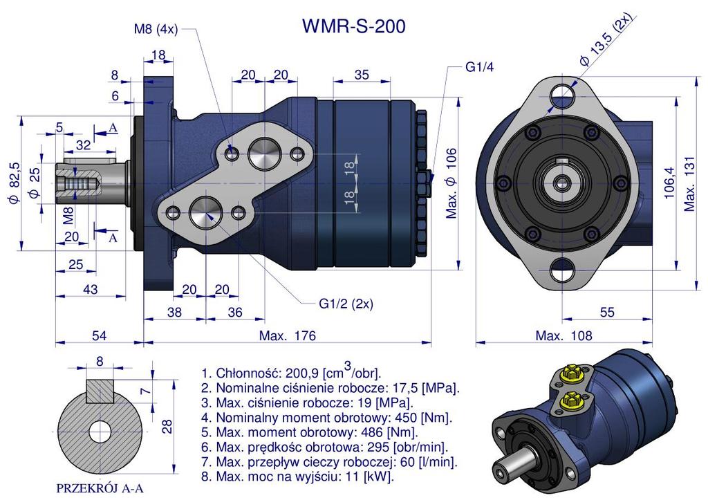 Silnik Hydrauliczny Orbitalny (Stosowany Do Owijarek) Wzmacniany Wmr-S 200 Cm3/Obr (175 Bar / Max.200 Bar) Waryński