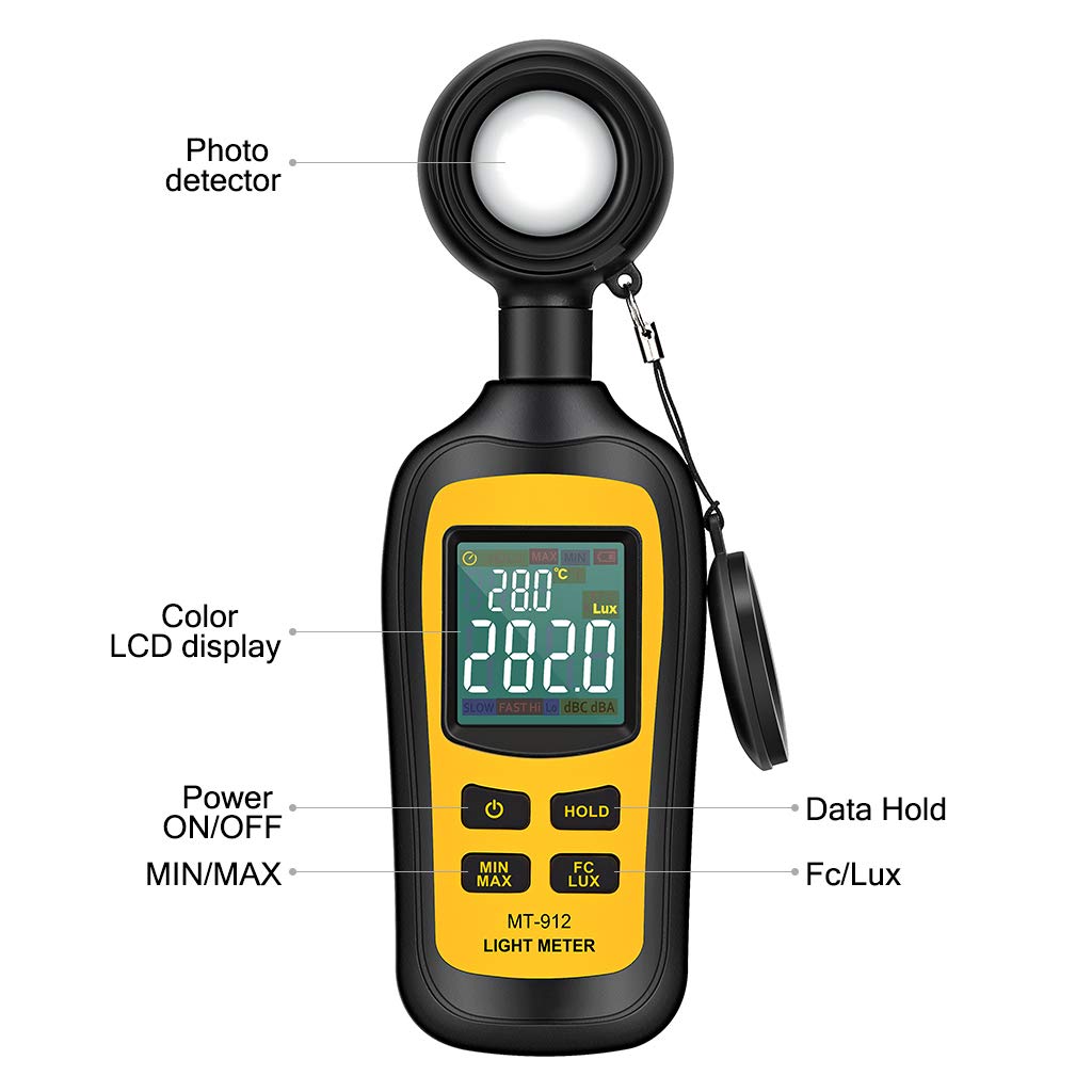 Light Meter Digital Illuminance Meter Handheld Ambient Temperature Measuring Instrument with a Maximum Range of Lux and Color LCD Screen 200,000