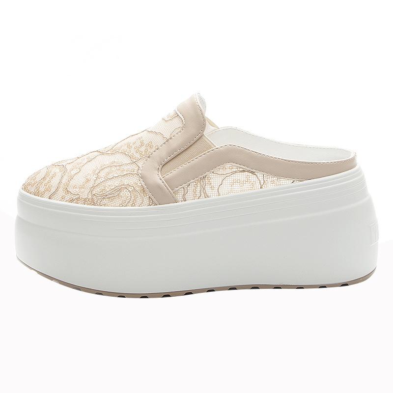 Fashion 8cm Heelless Half Slippers Female Baotou Summer New Lace Glitter Breathable Platform Casual Shoes Fashion Trend