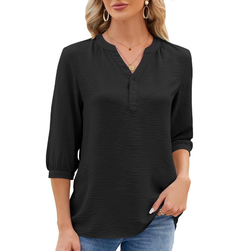 

IHUASU весна/лето свободная однотонная шифоновая футболка с v-образным вырезом и пуговицами женский топ чёрный