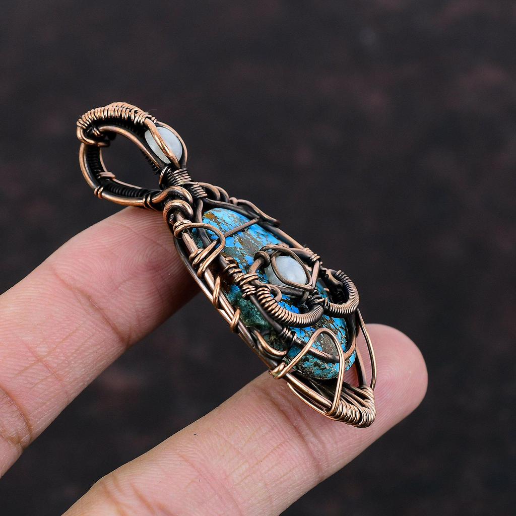 Pingente de turquesa tibetana com mau-olhado, fio de cobre enrolado, pingente de pedra da lua, joia de cobre artesanal, presente para a mãe, pingentes de pedras preciosas reais