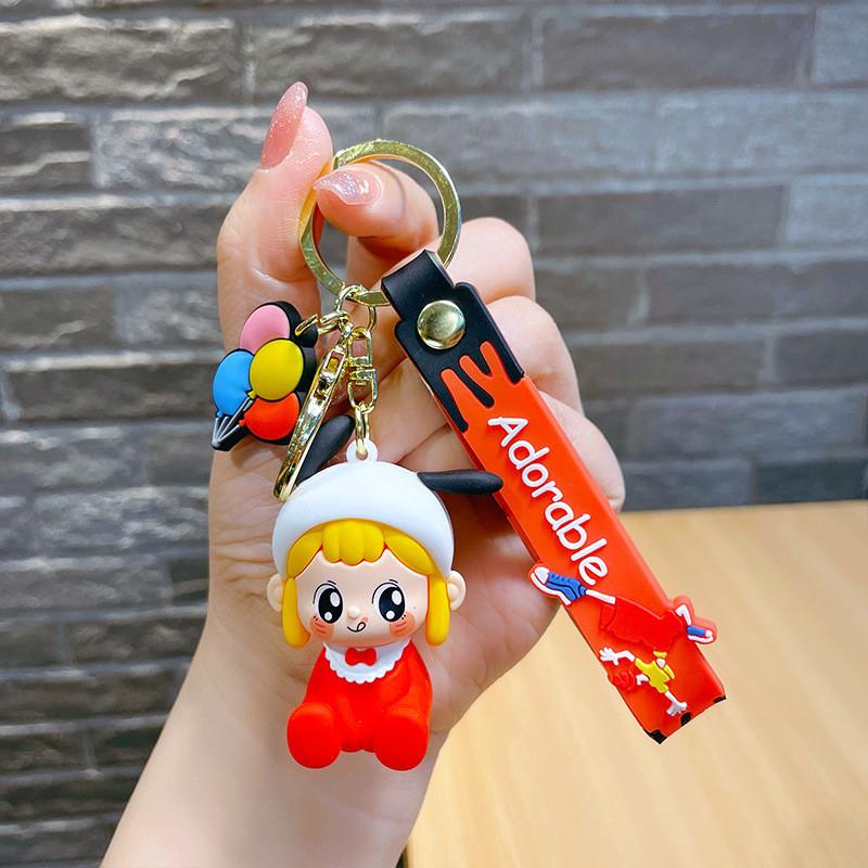 Adorable Cartoon Naughty Girl Keychain Resin Material Unique Car Key Accessory красный