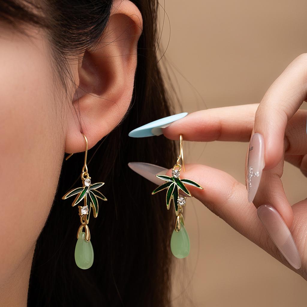 Imitation Jade Drop Oil Beaded Earrings Retro Water Drop Fringed Earrings Simple Hanfu Accessories Women