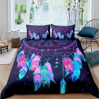 Traumfänger Bettbezug Set Lila Bettwäsche Set Schickes Boho Mandala Blumen Feder Design Galaxie Bettdeckenbezug Set Queen Size