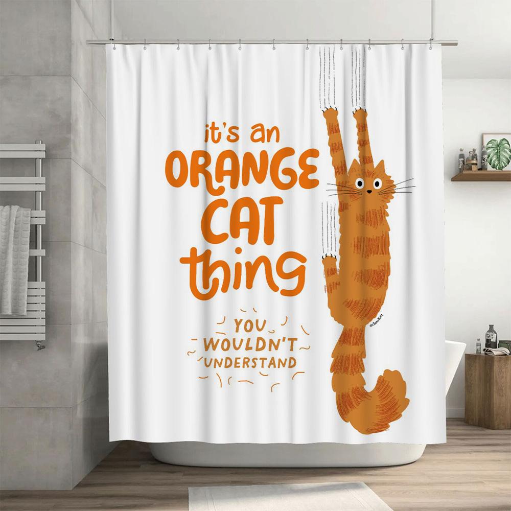 Whimsical Cat Decor Shower Curtain Unique Orange Feline Design for Bathroom, Makes a Perfect Gift Idea for Cat Lovers