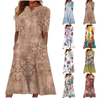 Women's Summer Casual Printed V-Neck Short-Sleeve Swing Dress