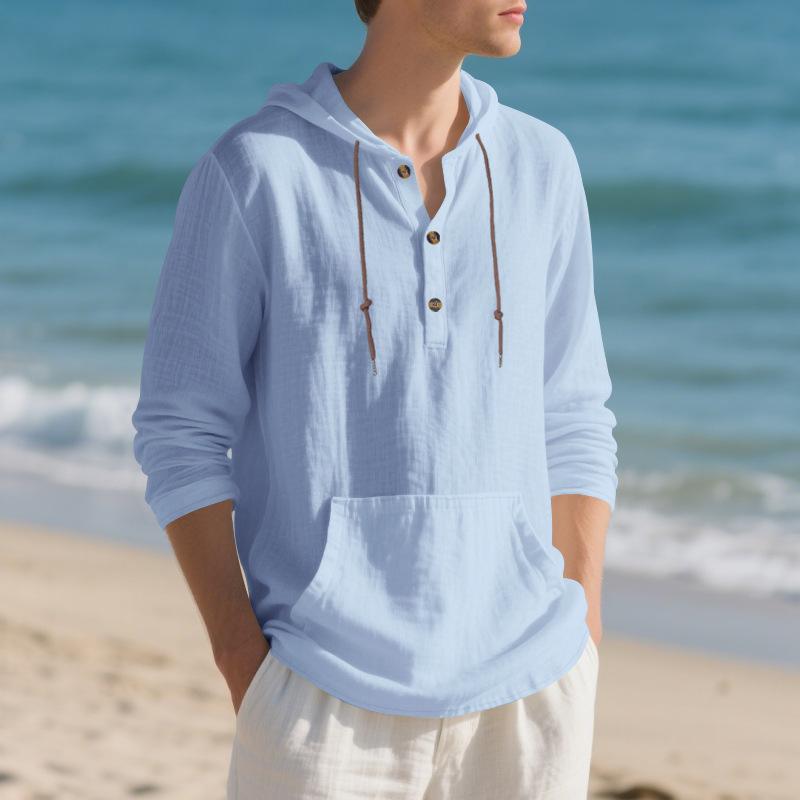 Men Casual Loose Long Sleeve Hooded Linen Blend Henley T Shirt