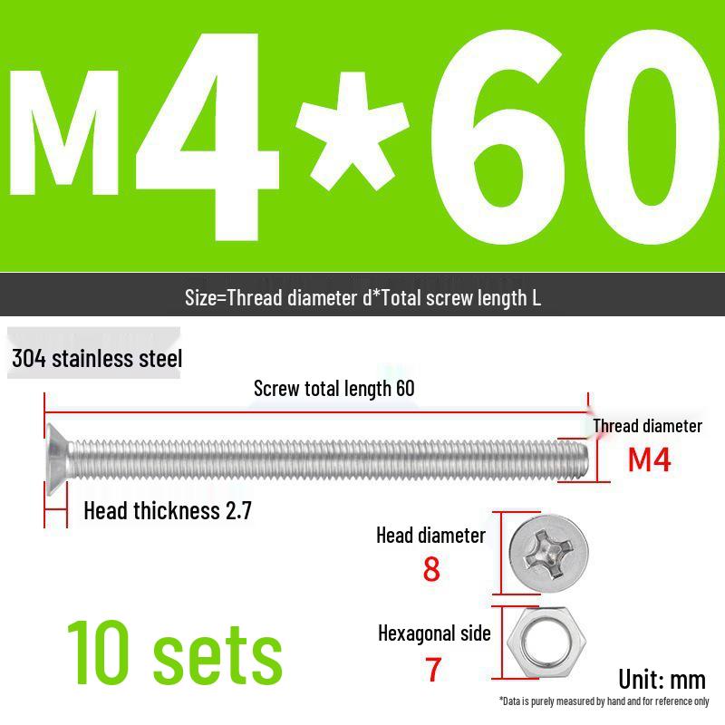 304 Stainless Steel Extra Long Phillips Flat Head Screws and Nuts Set (2M, 3M, 4M)