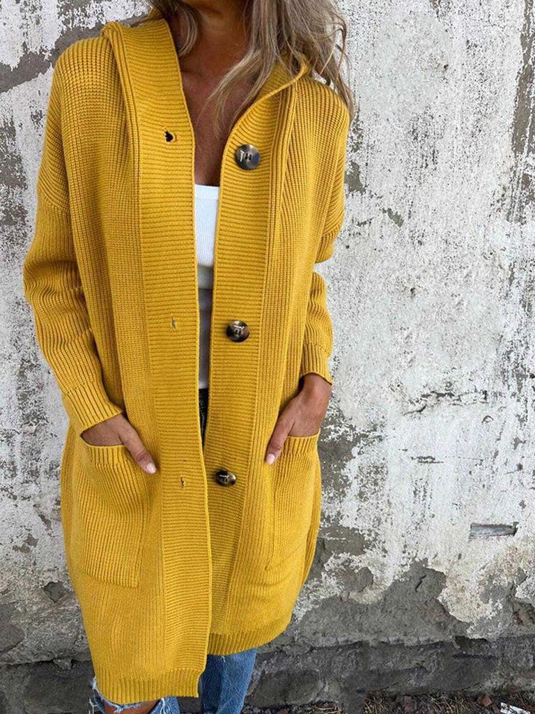 Women's Hooded Knitted Cardigan with Buttons and Pockets for Autumn/Winter
