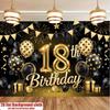 Black Golden 18th Birthday Party Banner, Polyester Backdrop for Home Room Wall Decor