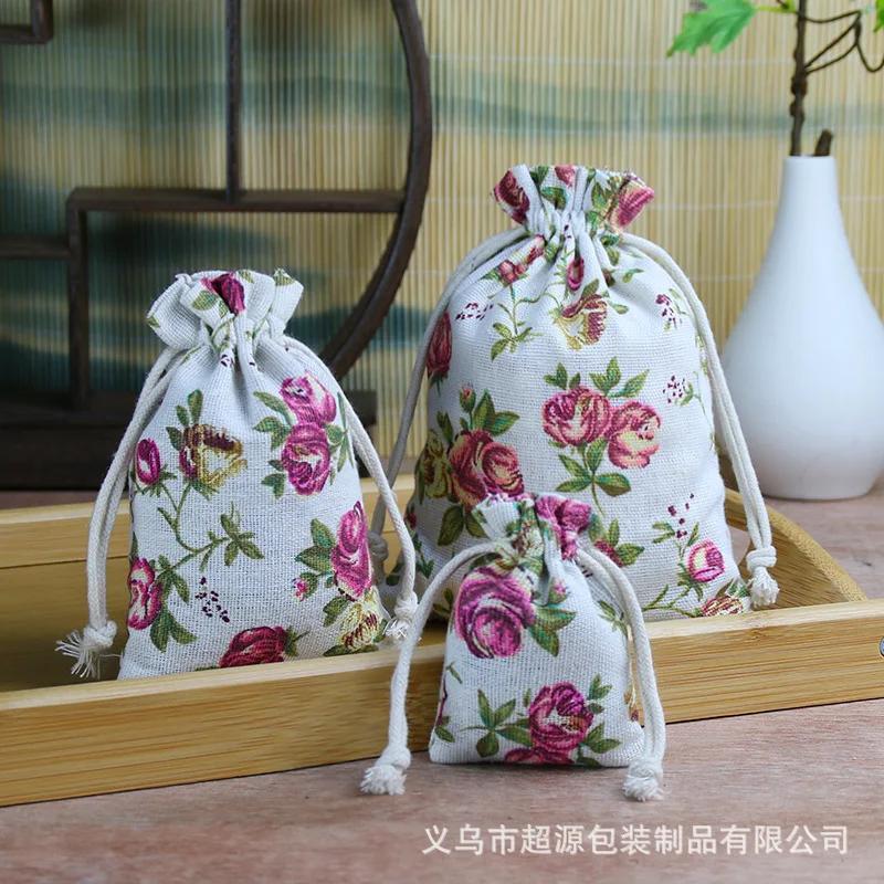 10pcs/lot Linen Drawstring pocket Cute Pattern Printed DIY wedding Candy Storage Bag Travel Makeup Cloth Shoes Sundries Storage