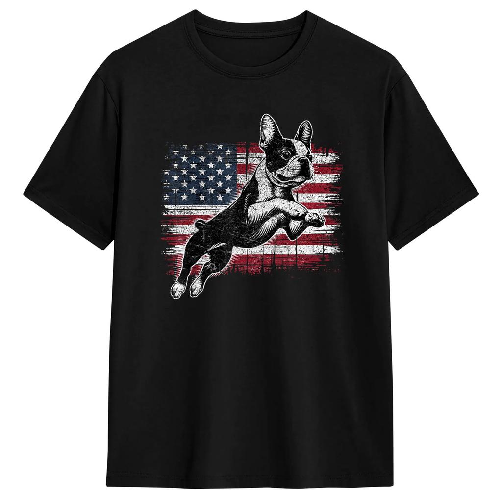 Boston Terrier 4th Of July Patriotic Dog Tshirt Trending T Shirts Shortsleeved Streetwear Tshirt 100 Cotton Oversize Tees