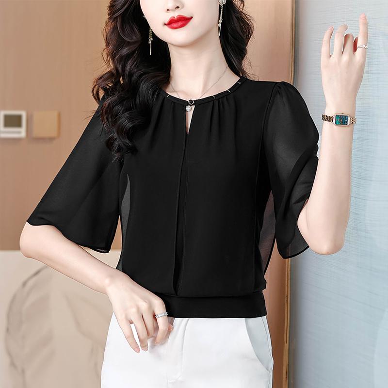 Ropa de Verano Blusa de Gasa de Media Manga Moda Suelta para Mujer Tops de Color Sólido Pulóveres Casuales Camisa