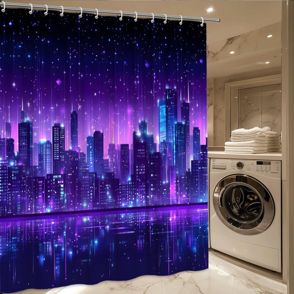 Neon City Night Sky Shower Curtain Purple Towers And Stars Futuristic Urban Landscape Cyberpunk Bathroom Decor Waterproof