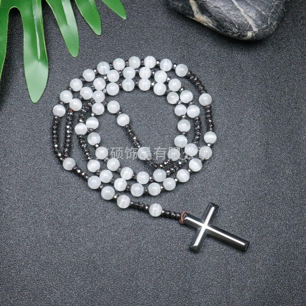 Collier pendentif croix en pierre naturelle, Croix en pierre d'œil de tigre et fer à bille chapelet collier pour homme
