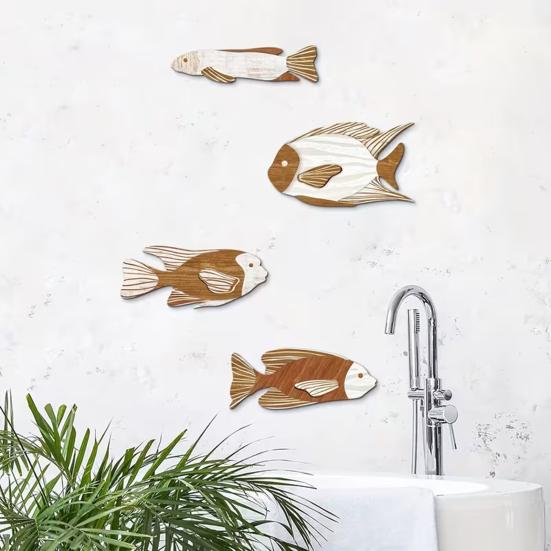 4 Pcs Wooden Fish Wall Decor Nautical Coastal Theme Fish Wall Sculpture Vintage Lake House Ocean Ornaments for Bedroom Bathroom Living Room