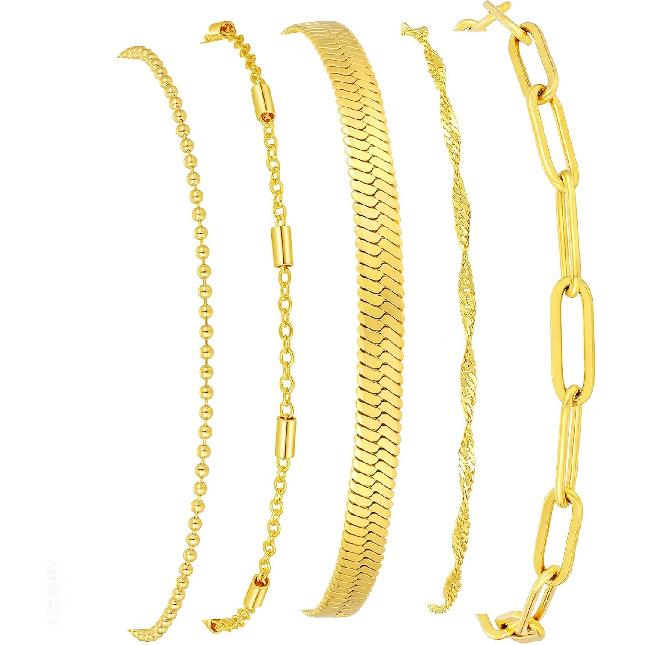 Gold Bracelets for Women, 14K Gold Plated Stackable Bracelet Stack Set Adjustable Charm Paperclip Chain Snake Link Layered Waterproof Jewelry Sets