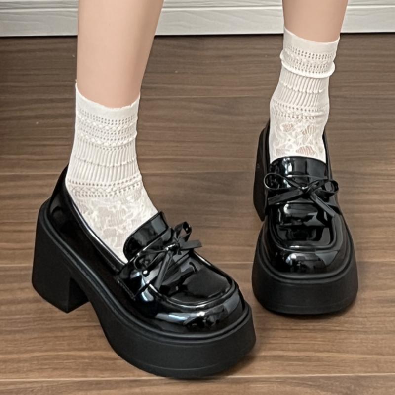 Fashion Bowknot Decor Chunky High Heel Pumps Women 2025 Goth Patent Leather Platform Loafers Woman Fashion Thick Sole Jk Uniform Shoes