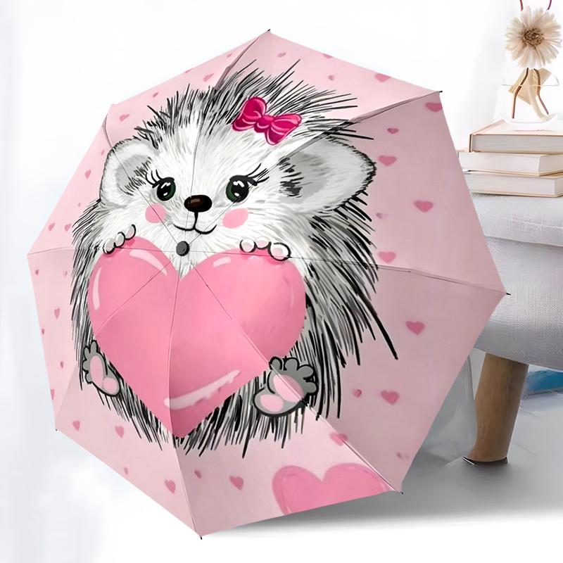 1PC Cute Cartoon Hedgehog Folding Umbrella Auto-Open Design 8 Iron Ribs Plastic Handle Foldable Sunshade Perfect Christmas Gifts