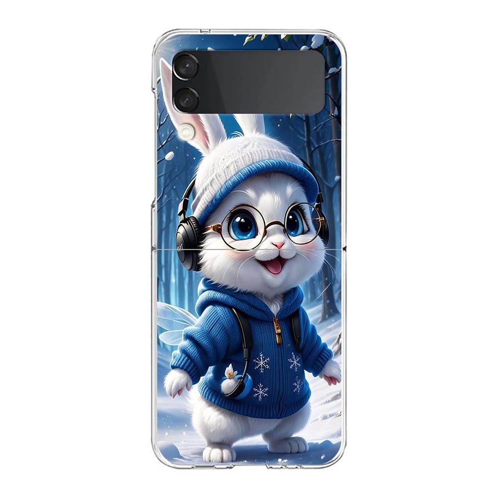 Phone Cover For Samsung Galaxy Z Flip 6 5 4 Case Transparent For Samsung Z Flip 3 Hard PC Foldable Shell Cute Graffiti Rabbit