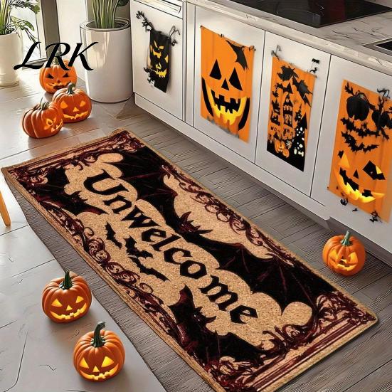 Non-slip Kitchen Rug Halloween Rug, Pumpkin Bat Black Cat Floor Mat, Anti-slip Mat Spooky Entrance Festive Decorative for Bedroom Living Room Durable