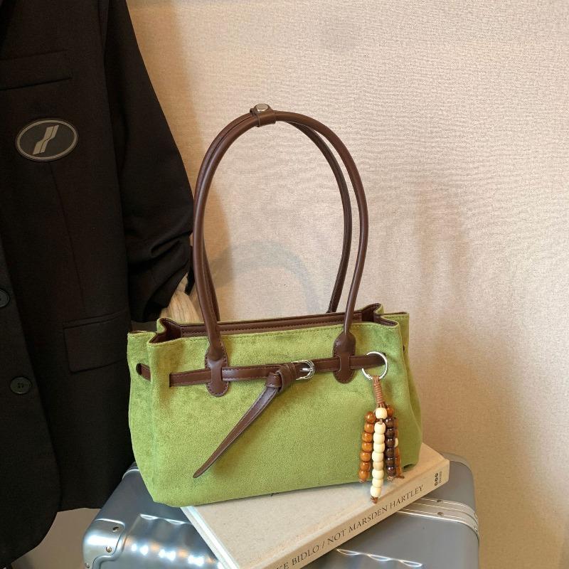 Vintage Solid Color Imitation Suede Women Shoulder Bag Pendant Buckle Decoration Large Capacity for Outings Commuting Stylish