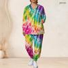Women Plus Size Colorful Printed V Neck Long Sleeve Nurse Scrub Set With Pockets Top And Long Pants