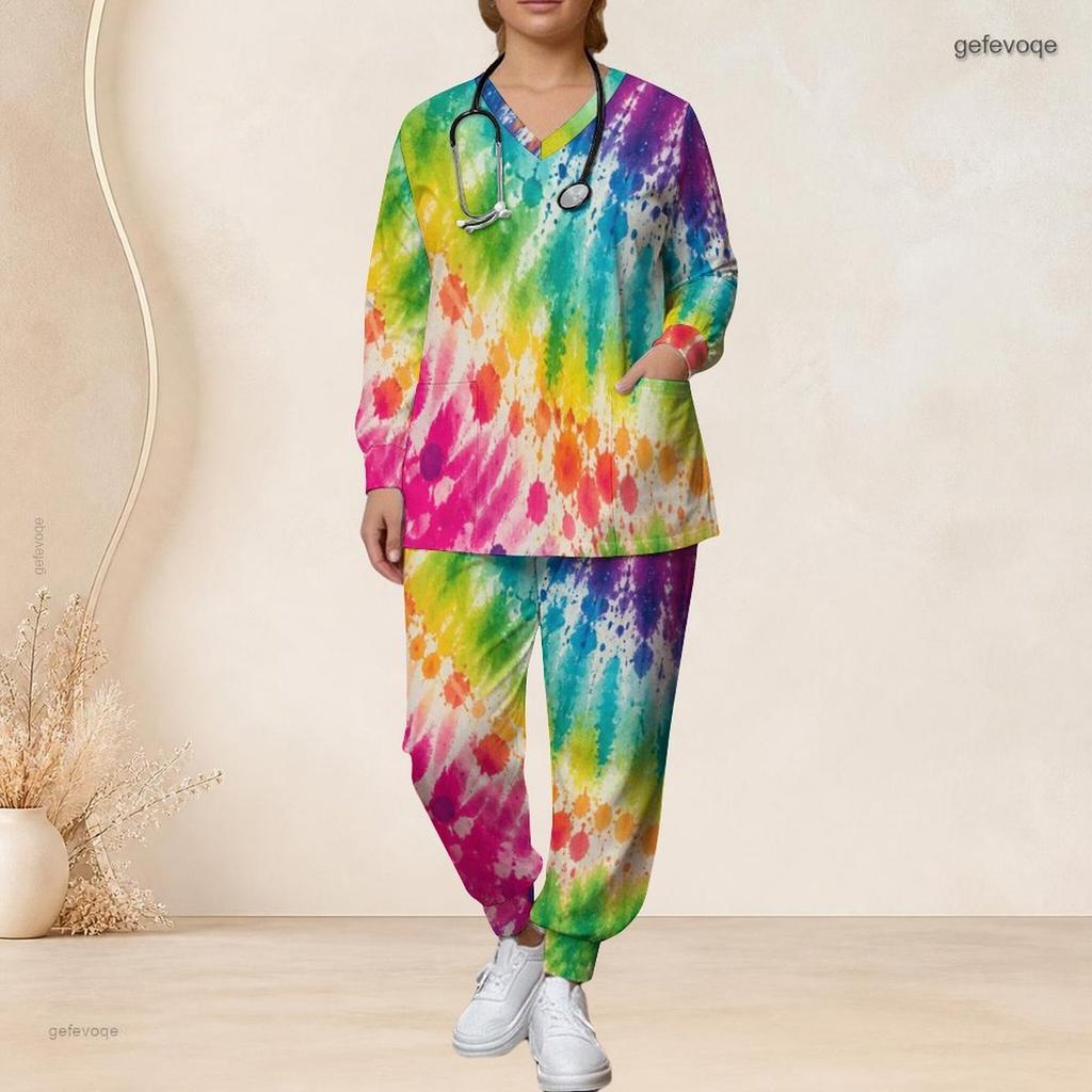 Women Plus Size Colorful Printed V Neck Long Sleeve Nurse Scrub Set With Pockets Top And Long Pants